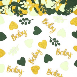 Vofrise 200PC Sage Green Baby Shower Confetti Green Gold Glitter Heart Table Confetti for Greenery Gender Neutral Baby Shower Decorations