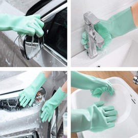 Yinceber Silicone Dishwashing Gloves, Pet Grooming Rubber Scrubbing Gloves for Dishes,Sponge Wash Cleaning Glove with Scrubbers for Housework, Bathroom, Kitchen, Car, Pets. 1Pair (13.6" Large)