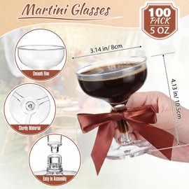 100 Set Plastic Champagne Tower Glasses 5 oz Coupe Cocktail Cups with Brown Satin Bows, Disposable Martini Glasses for Espresso Martini Party, Wedding, Bridal Shower, Birthday, Bachelorette