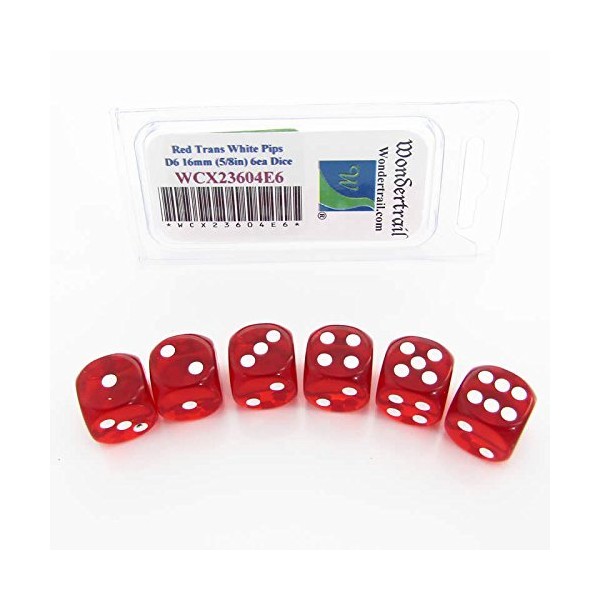 Red Translucent Dice White Pips D6 16mm Pack of 6 Wondertrail WCX23604E6