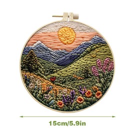 Embroidery Starter Kit for Adult Beginner with Landscape Tree Mountain River Floral Nature Scenery Pattern Cross Stitch Hand Embroidery Set DIY Cross Stitch Kits with Hoops Needles Threads