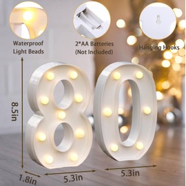 Warm White LED Light Up Number 80, 80th Birthday Decor for Her Him,Table Centerpieces & Backdrop Wall Décor,Lighted Marquee Sign for 80th Wedding Anniversary Décor