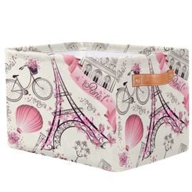 Storage Basket Floral Paris Eiffel Tower, Large Foldable Organizer Storage Bins for Shelves, Sturdy Canvas Cubes Storage Boxes with Handles for Toys Closet Nursery Office Living Room 15" x 11" x 9.5"