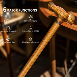 ispuoocti Ergonomic Wooden Walking Cane with All Day Comfort Grip Handcrafted Natural Solid Wood Canes for Men and Women Ultra Light Canes for Seniors Support up to 500 lbs with Accessories