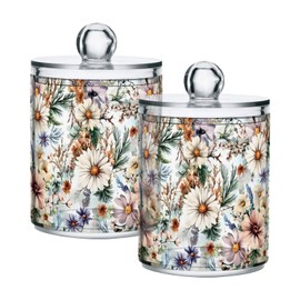 ALAZA 2 Pack Qtip Holder Wild Flower Watercolor, Cotton Swab Dispenser with Lid Bathroom Containers Canister Organizer Storage Jar