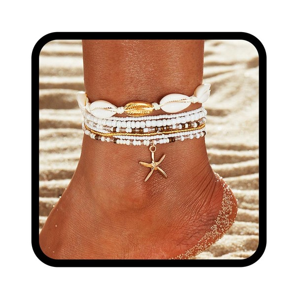 Handcess Boho Beaded Anklets Gold Shell Ankle Bracelet Starfish Anklet