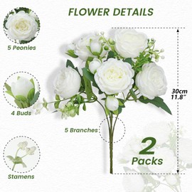 ZINHO 2 Packs Artificial Peony Flowers, 10 Heads & 8 Buds, Realistic Fake Silk Flowers for Home Decor, Wedding Bouquets DIY Crafts Includes 2 Ties & 1.8m Ribbon (White)