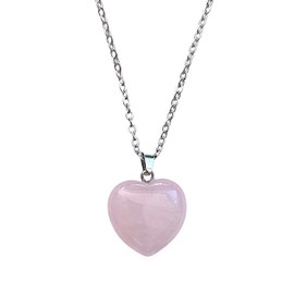 Semi Precious Heart Stone Necklace - Women's Love Amulet Anhänger mit Edelstahlkette - Ideal zum Verschenken (Rosenquarz)
