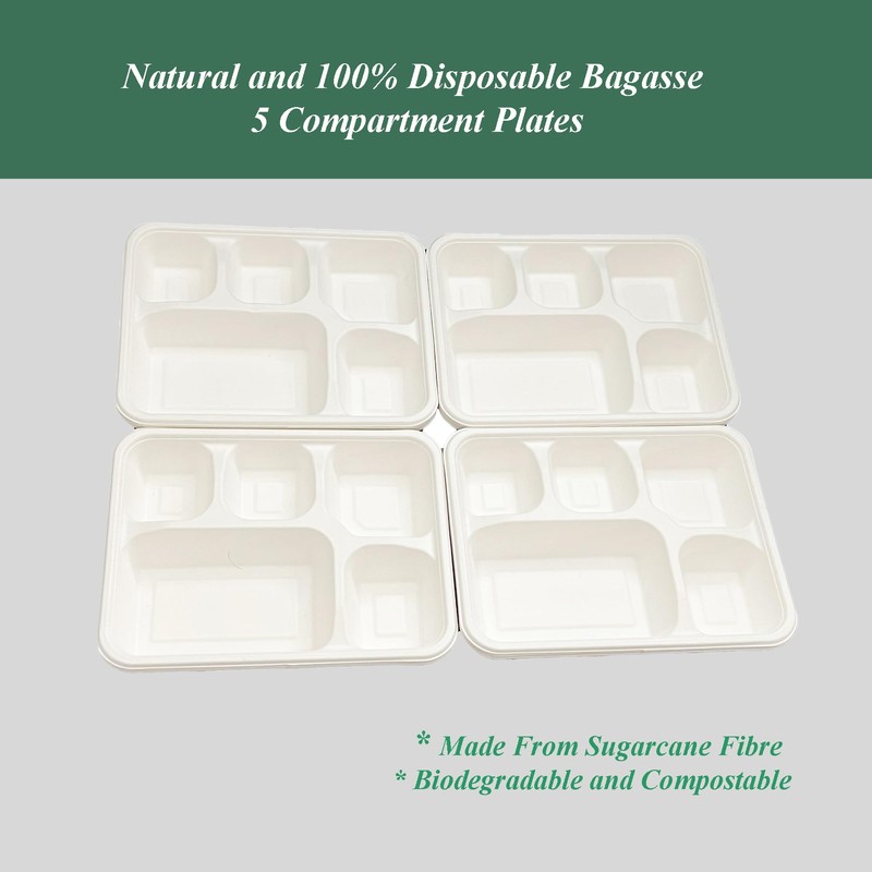 Be4Ever Sugarcane Bagasse 5 Compartment Plates Rigid & Durable Divided