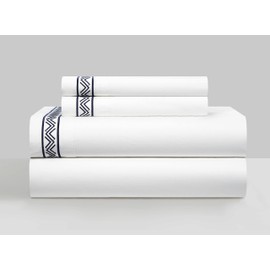 Chic Home Arden 4 Piece Organic Cotton Sheet Set Solid White with Dual Stripe Embroidery Zig-Zag Details – Includes 1 Flat, 1 Fitted Sheet, and 2 Pillowcases, King, Navy