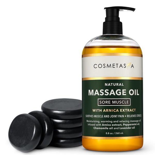 Cosmetasa Sore Muscle Massage Oil with Massage Hot Stones - Soothes Muscle and Joint with Arnica Extract, Peppermint, Chamomile, and Lavender Oil