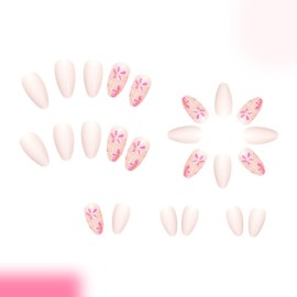 Short Pink White Press on Nails Almond Fake Nails with Glitter Sequins Gold Foil Designs Cute Flower Full Cover False Nails Glossy Glue on Acrylic Nails for Women and Girls