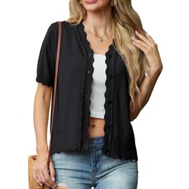 GRECERELLE Women's Elegant Summer Casual Short Sleeve Cardigan Bolero for Women Cardigan with Serrated Edge V-Neck Buttons, black, L