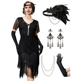 YESSA Flapper Dresses for Women,Short Sleeve 1920s Dresses Great Gatsby Dresses for Women Roaring 20s Costumes Outfits,Black,Large