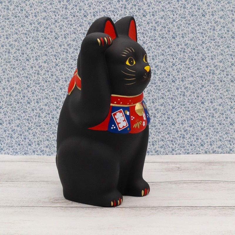Yakushiken Maneki Neko (Black, Large) Fukushi (Good Luck Seal Included)