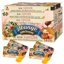 Abango candies with propolis and ginger (12 trays of 8 candies each 29.6 g) Caramelos Abango sabor Jengibre formula abango con con propoleo y miel (caja con 12 carteras de 8 dulces c/u) Cough Drops