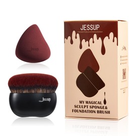 Jessup Brush Foundation Brush with Makeup Sponge Black Makeup Brush with Flat Top Kabuki Brush for Liquid Blending Stippling T881
