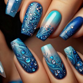 CJDLTS Blue Press on Nails Medium Ballet Shaped Blue Wave Pattern Design Gradient Acrylic Fake Nail Full Cover Glossy Artificial Stick on Nail Medium Press Ons Glue on Nails for Women 24Pcs