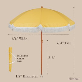 Punchau 6 Ft Fringe Patio Umbrella - Outdoor Umbrella for Patio, Pool, Table, Garden, Deck, & Beach - Push Button Tilt Pole - Fashionable Boho Vintage Tassels & Wood Print - Yellow