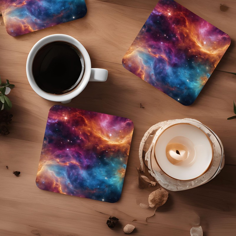 Space Coaster Set, Multicolour Universe Galaxy Art 9cm Glossy Wood