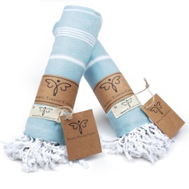 SMYRNA TURKISH COTTON Classical Series Turkish Hand Towels Set of 2, 18x30 inch, Decorative Turkish Hand Towels for Bathroom, Kitchen, Face, Hair, Tea, Yoga, Gym, Dishcloth Set of 2, Light Blue
