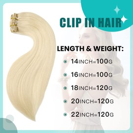 SURNEL Clip-In Hair Extensions, Platinum Blonde, 45 cm, 120 g, 6 Pieces, Clip-In Hair Extensions, Real Real Hair, Straight Remy Hair Clip-In Hair Extensions, 18 Inches (#60-18 Inches)