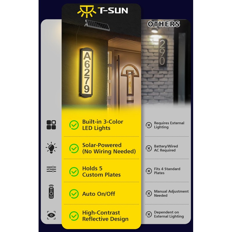 T-SUN Solar House Numbers for Outside Light up, Solar Address