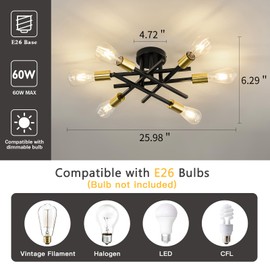 6-Lights Sputnik Semi Flush Mount Ceiling Light Fixture Modern Metal Black and Gold Chandeliers with E26 Bulb Base Close to Ceiling Light for Kitchen Dining Room Living Room Hallway Bedroom