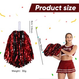 24 Pcs Pom Poms Cheerleading Cheerleader Pom Poms Spirited Cheer Pom Poms Cheerleader Pom Poms Baton Handle Metallic Foil Fun Pom Poms for Sports Team Party Dance Cheering (Black, Red)