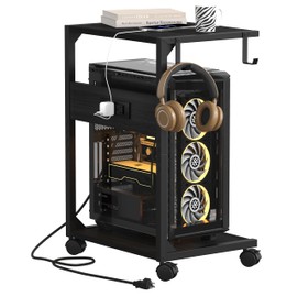Akxomel 2 Tier Computer Tower Stand with Charging Station, 11.8"D x 16.5"W Rolling Floor PC Tower Stand Fits Under Desk, CPU Holder Cart for Carpet with Hooks, Home Office