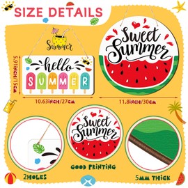 2 Pcs Hello Summer Sign Rustic Wood Decor Sweet Summer Sign Front Door Decoration with Watermelon Farmhouse Wall Hanging Plaque Filleted Corner Wooden Sign for Home Bathroom Indoor Outdoor