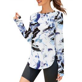 ZHENWEI Long Sleeve UPF 50+ Shirts for Women Outdoor Athletic Sun Shirts Quick Dry Running Boat Neck Light Weight Gym Tops (Black Blue Print, S)