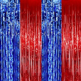 Lovecheer 4PCS Red and Blue Backdrops Curtains Foil Fringe Party Streamers Cheer for Wedding Birthday New Year Christmas Sports Party Tinsel Photo Background Decoration, 3.3 x 6.6ft