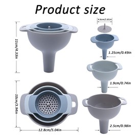 Shoyisenka 4 in 1 Kitchen Funnels with Detachable Strainer, Small/Medium/Large Funnel for Liquid, Fluid, Dry Ingredients & Powder, Leak-Proof Filling Bottles Tool