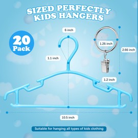 AMZXHCQ Baby Hangers with Metal Ring Clips, Children Plastic Hanger for Kids Pants Clothes Closet, 20 Pack, Blue