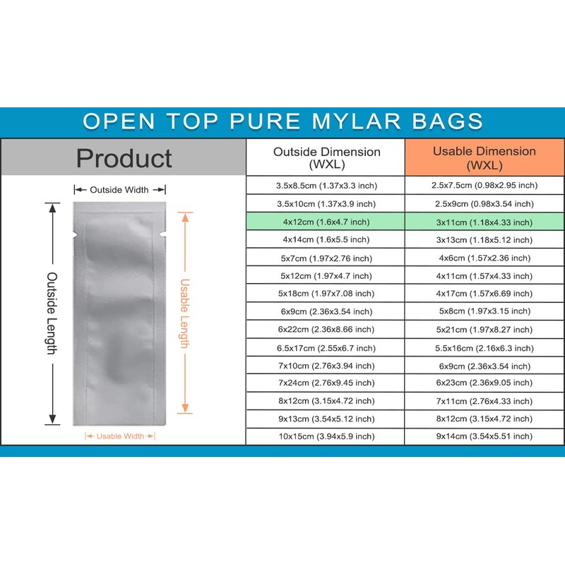 WACCOMT Pack Silver Pure Mylar Bags Open Top Smell Proof