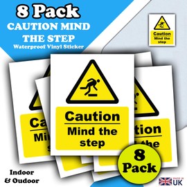 8-Pack Caution Mind The Step Vinyl Sticker Sign - 110mm x 90mm - Mind The Step Warning Label