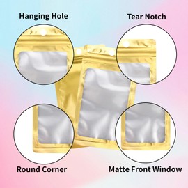 200 Pack Resealable Mylar Holographic Bags Food Storage Smell Proof Bags with Front Window Foil Packaging Pouch for Candy Sample Jewelry Small Business 3.15×5.51 Inch, Gold