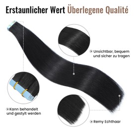 JESSBO Tape-In Real Hair Extensions, Black, 45 cm, Pack of 20, Invisible Tape Extensions Hair Extensions, Real Hair, Jet Black (50 g/Pack)