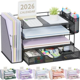 gianotter Desk Organizers and Accessories with File Holder, 4-Tier Desk Accessories & Workspace Organizers with Drawer and 2 Pen Holder, Paper Organizer for Office Supplies (Black)