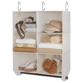 StorageWorks Hanging Closet Organizer with Metal Rod, 6-Section Closet Organizers and Storage, Collapsible Hanging Shelves for Baby Clothes, Shoes, Sweater Storage, Ivory and White