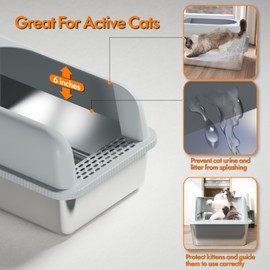 Extra Large Litter Box for Big Cats, Stainless Steel Cat Litter Box, Metal Litter Box with High Side, Open Top Metal Litter Box, Anti-Leakage,Non-Stick, Includes Litter Mat & Metal Scoop,Easy Cleaning