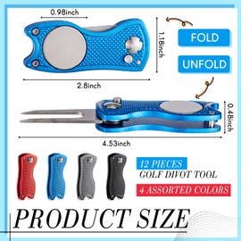 Poen 12 Pieces Golf Divot Tool Golf Divot Repair Tool with Magnetic Ball Marker and Popping Button Metal Foldable Golf Divot Fixer, 4 Assorted Colors