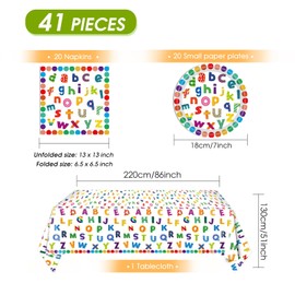 41Pcs Colorful ABC Birthday Party Decorations Alphabet Colorful Party Supplies ABC Rainbow Dots Plates Napkins Tablecloth丨Kids Birthday Educations Party Classroom First Day School Party,Serv 20