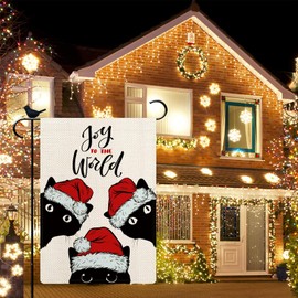 PIPISASA Black Cat Christmas Flag for Outside Joy to the World Winter Christmas Cat Burlap Garden Flag 12x18 Double Sided Xmas Outdoor Holiday Porch Flags Seasonal Decor Outside Decorations for Yard