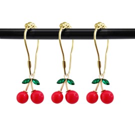 ZILucky Set of 12 Cherries Shower Curtain Hooks Rings, Red Cherry Pendant Decoration, Fruit Style for Kids Bathroom, Stainless Steel Hooks Rustproof (Red-Cherry)
