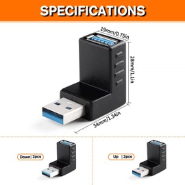 KUOQIY 4 pieces USB 3.0 angle adapter, 90° angle adapter, USB 3.0 male to female angle adapter, corner adapter, up and down USB 3.0 adapter, USB angle plug coupling