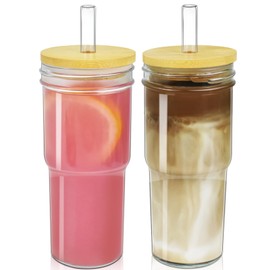 Artcome 2 PC 24oz Glass Cup Set with Bamboo Lids, Large-bore Glass Straws - Wide Mouth Mason Jars - Drinking Glass, Ice Coffee Cup, Smoothie Tumbler, Travel Muge, Boba Cup, Beer Glass - Ideal Gift