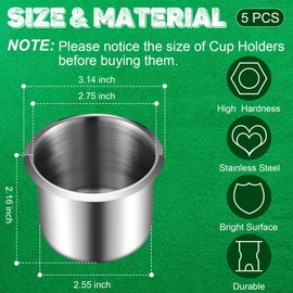 Tessco for you 5 Pcs Poker Table Cup Holder Inserts Stainless Steel Drop in Cup Holder Insert Metal Poker Game Table Accessories for Casino Desk Car Boat Sofa Drink Cupholder Storage Replacement