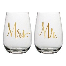 Creative Brands Slant Collections - Set of 2 Stemless Wine Glasses, 20-Ounce, Mr & Mrs